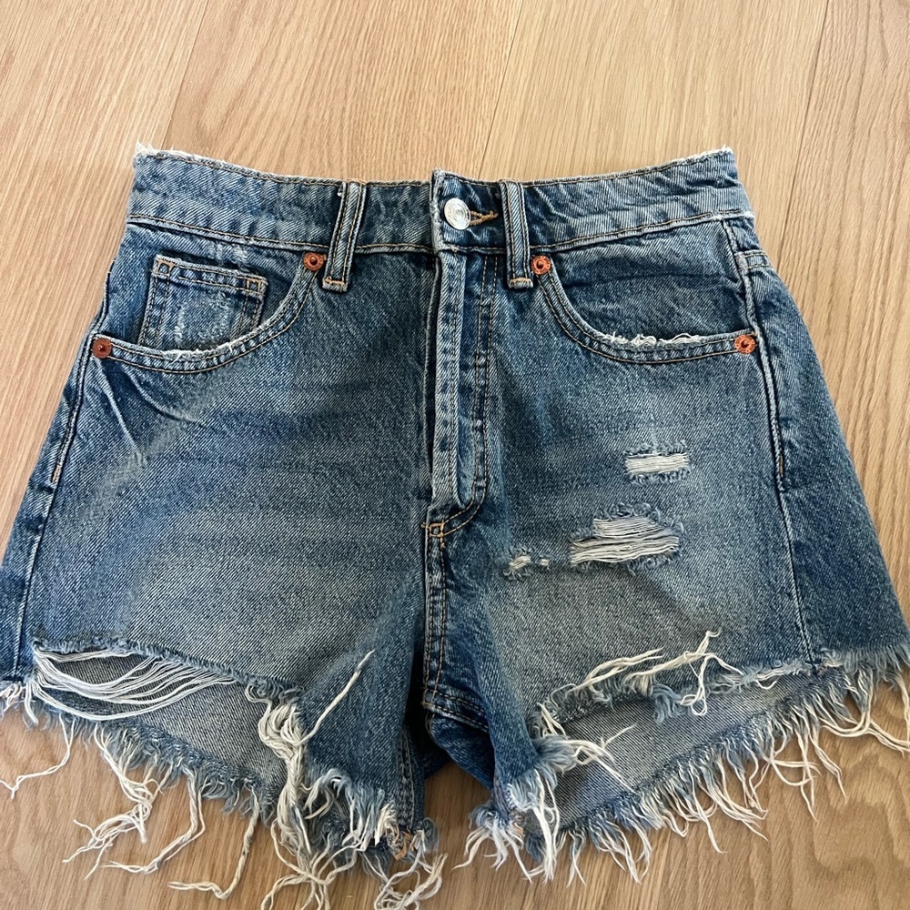 Zara Blue Jean Shorts Distressed High-Waisted